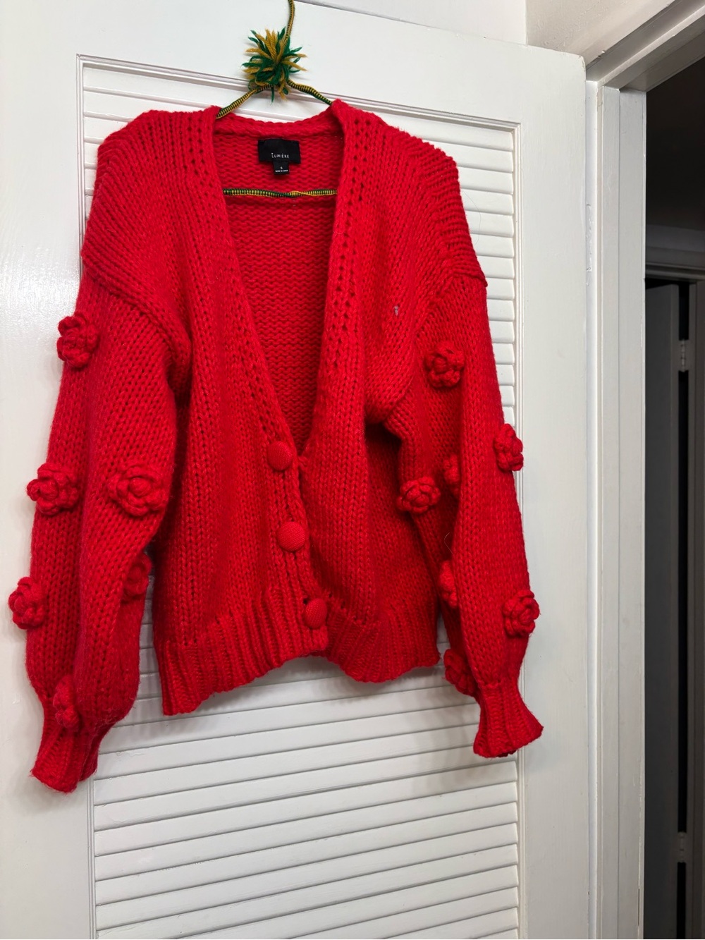 Lumiere Bright Red Chunky Knit Cardigan with Floral Pom Details